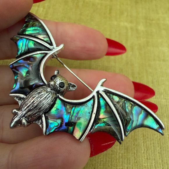 Jewelry - Iridescent Abalone Shell Bat Brooch Pin with Silver-Tone Details